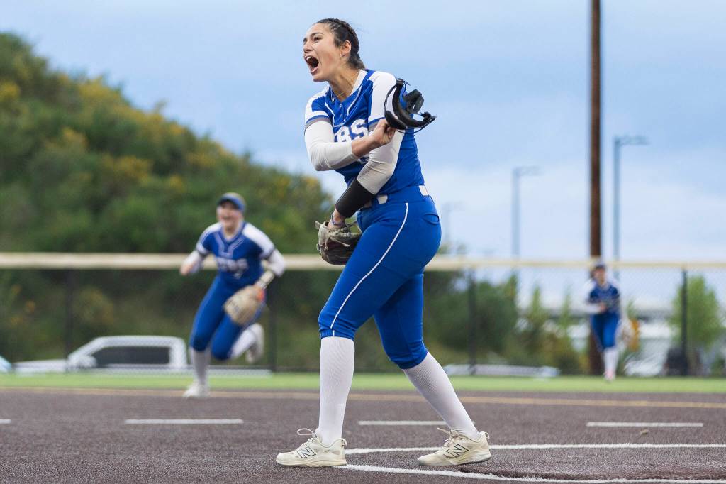Sedro-Woolleys Kasandra Gonzalez reacts after getting the final out to beat Everett in the 3A district championship game on Thursday, May 14, 2026 in Everett, Washington. (Olivia Vanni / The Herald)