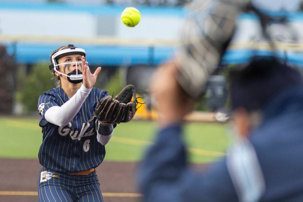 Everetts Anna Luscher fields the ball during the 3A district championship game against Sedro-Woolley on Thursday, May 14, 2026 in Everett, Washington. (Olivia Vanni / The Herald)