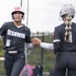 Stanwoods Jemma Lopez high-fives teammate Aaliyah Shafer after scoring on Thursday, May 14, 2026 in Everett, Washington. (Olivia Vanni / The Herald)