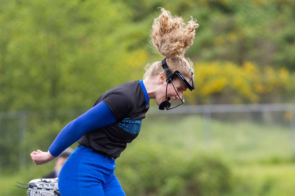 Shorewoods Ellie Van Horn reacts after getting a strikeout during the 3A district loser-out game against Snohomish on Thursday, May 14, 2026 in Everett, Washington. (Olivia Vanni / The Herald)