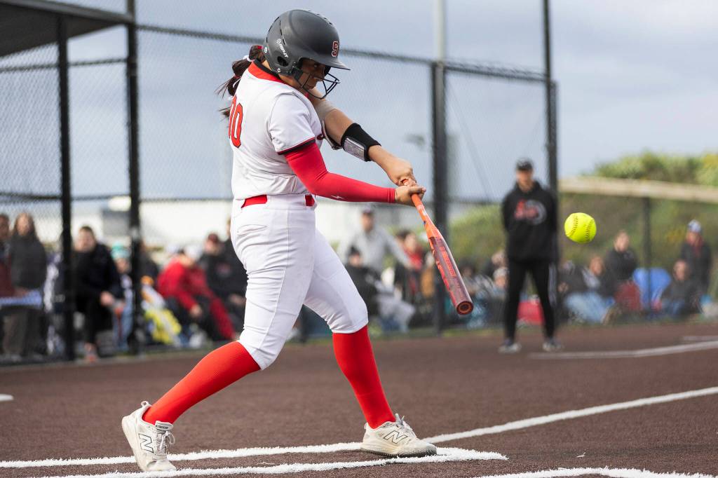 Snohomishs Amelie Lopez gets a hit during the 3A district loser-out game against Shorewood on Thursday, May 14, 2026 in Everett, Washington. (Olivia Vanni / The Herald)