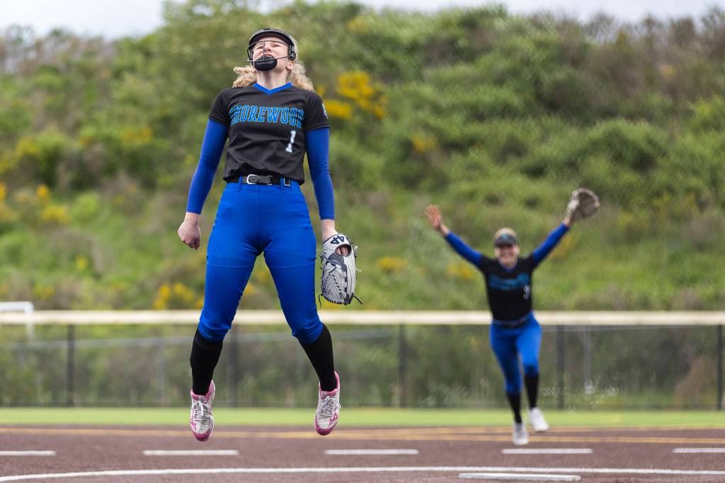 Shorewoods Ellie Van Horn reacts after getting the final out to beat Snohomish in the 3A district loser-out game on Thursday, May 14, 2026 in Everett, Washington. (Olivia Vanni / The Herald)