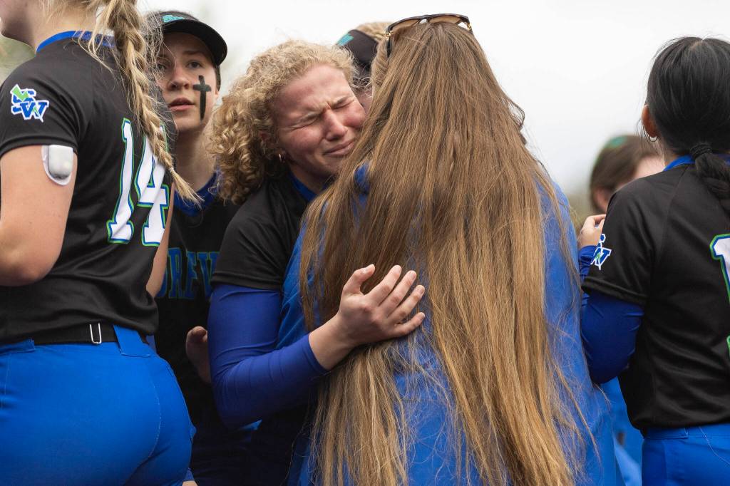 Shorewoods Ellie Van Horn becomes emotional after beating Snohomish in the 3A district loser-out game on Thursday, May 14, 2026 in Everett, Washington. (Olivia Vanni / The Herald)