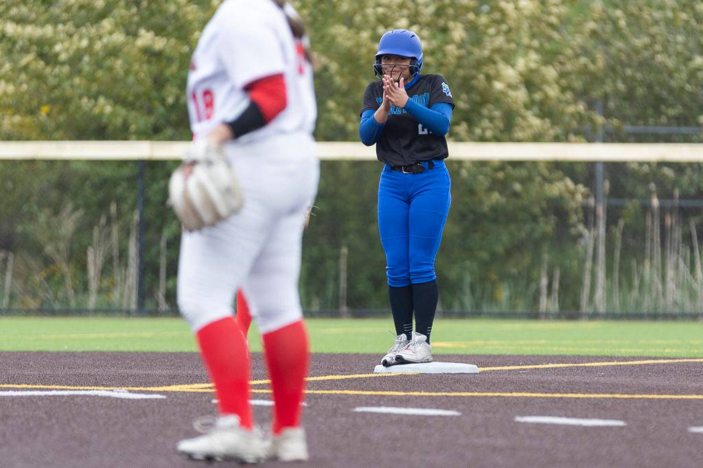 Shorewoods Zoey Perreault reacts after getting to second base during the 3A district loser-out game against Snohomish on Thursday, May 14, 2026 in Everett, Washington. (Olivia Vanni / The Herald)