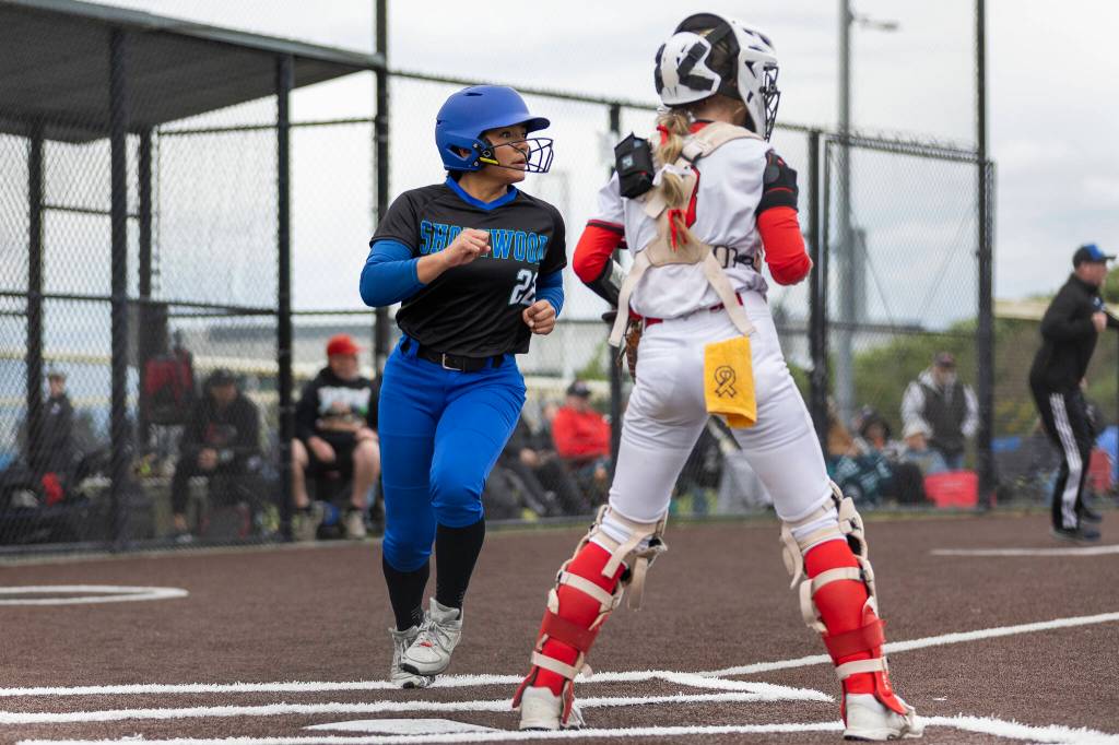 Shorewoods Zoey Perreault scores during the 3A district loser-out game against Snohomish on Thursday, May 14, 2026 in Everett, Washington. (Olivia Vanni / The Herald)
