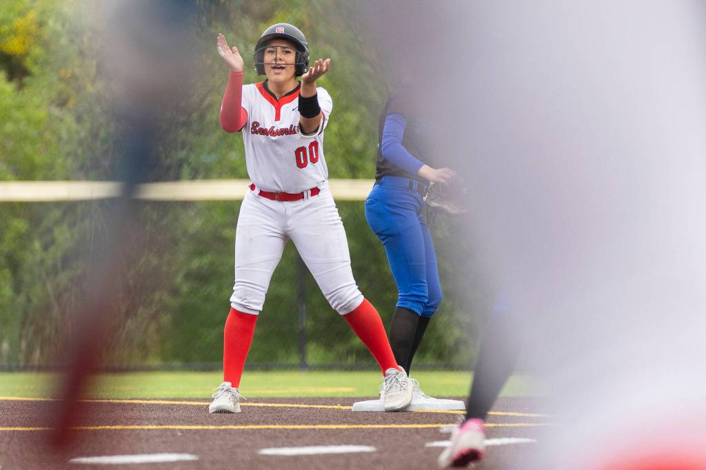 Snohomishs Amelie Lopez reacts after getting to second base during the 3A district loser-out game against Shorewood on Thursday, May 14, 2026 in Everett, Washington. (Olivia Vanni / The Herald)