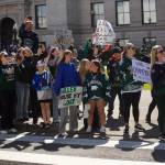 Silvertips fans await the teams return in front of Everett High School on May 16, 2026 following Everetts WHL Championship-clinching win against the Prince Albert Raiders the night before. (Joe Pohoryles / The Herald)