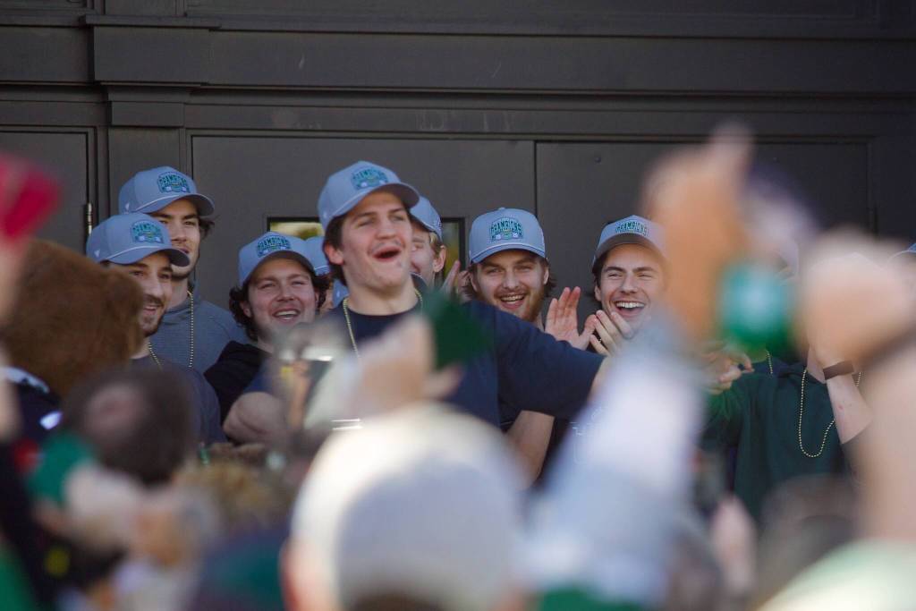 Silvertips forward Shea Busch addresses the gathering of fans in front of Everett High School on May 16, 2026 following the teams return from its WHL Championship-clinching win against the Prince Albert Raiders the night before. Busch recorded a hat trick to help Everett to a 7-2 win in Game 5. (Joe Pohoryles / The Herald)