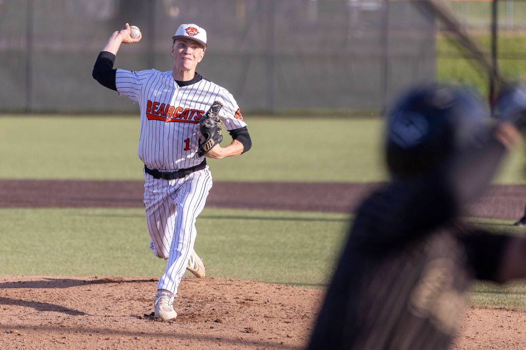 Monroes Caleb Campbell pitches during the 3A state opening round loser-out game against Enumclaw on Tuesday, May 19, 2026 in Monroe, Washington. (Olivia Vanni / The Herald)