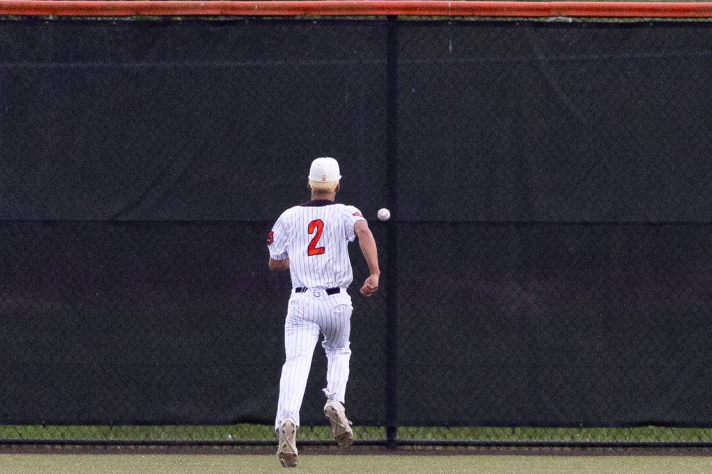 Monroes Andre Tarasov runs after a hit to the outfield during the 3A state opening round loser-out game against Enumclaw on Tuesday, May 19, 2026 in Monroe, Washington. (Olivia Vanni / The Herald)