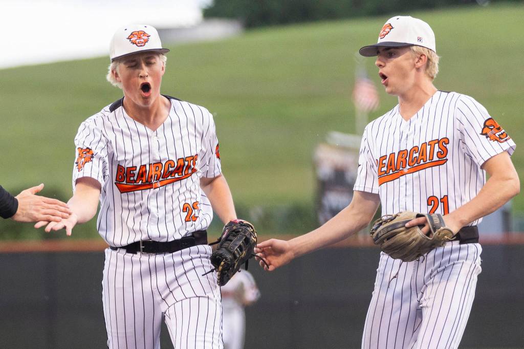 Monroe players react after an out during the 3A state opening round loser-out game against Enumclaw on Tuesday, May 19, 2026 in Monroe, Washington. (Olivia Vanni / The Herald)