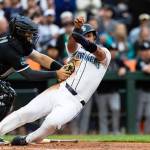 Jhonny Pereda (5) of the Seattle Mariners scores off a double by Randy Arozarena during the third inning against the Chicago White Sox at T-Mobile Park on Monday, May 18, 2026, in Seattle. (Maddy Grassy / Getty Images / Tribune News Services)