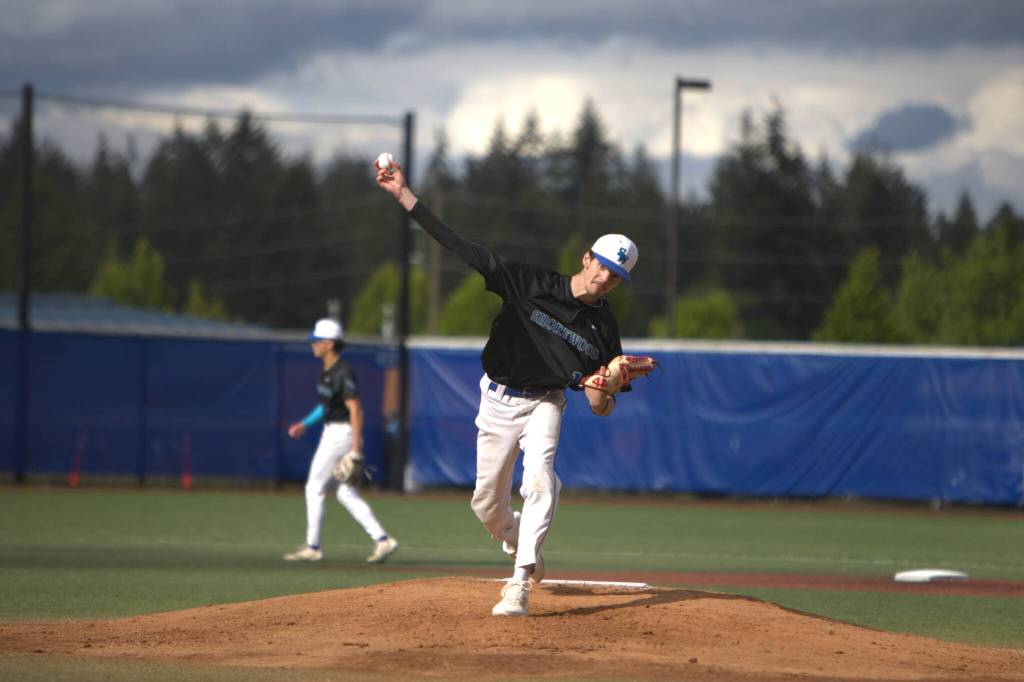 Shorewoods Aaron James throws a pitch during a state baseball game against Central Valley on Tuesday, May 19, 2026 at Meridian Park Baseball Field in Shoreline. (Qasim Ali / The Herald)