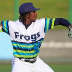 Felnin Celesten of the Everett AquaSox throws the ball during a game against the Tri-City Dust Devils on Tuesday at Everett Memorial Stadium. (Photo courtesy of Evan Morud / Everett AquaSox)