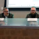 Will Geschke / The Herald 
State Rep. Sam Low, left, speaks alongside State Sen. Marko Liias during a roundtable discussion in Everett on Tuesday regarding the design and replacement of the U.S. 2 trestle.