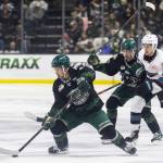 Landon DuPont #9 of the Everett Silvertips controls the puck during Game 5 of the Western Hockey League second round against the Kelowna Rockets on April 17 in Everett. (Olivia Vanni / The Herald)