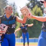 Shorewoods Zoey Perreault reacts after getting the last out of the inning during the 3A state opening round loser-out game against Sedro-Woolley on Friday, May 22, 2026 in Lacey, Washington. (Olivia Vanni / The Herald)