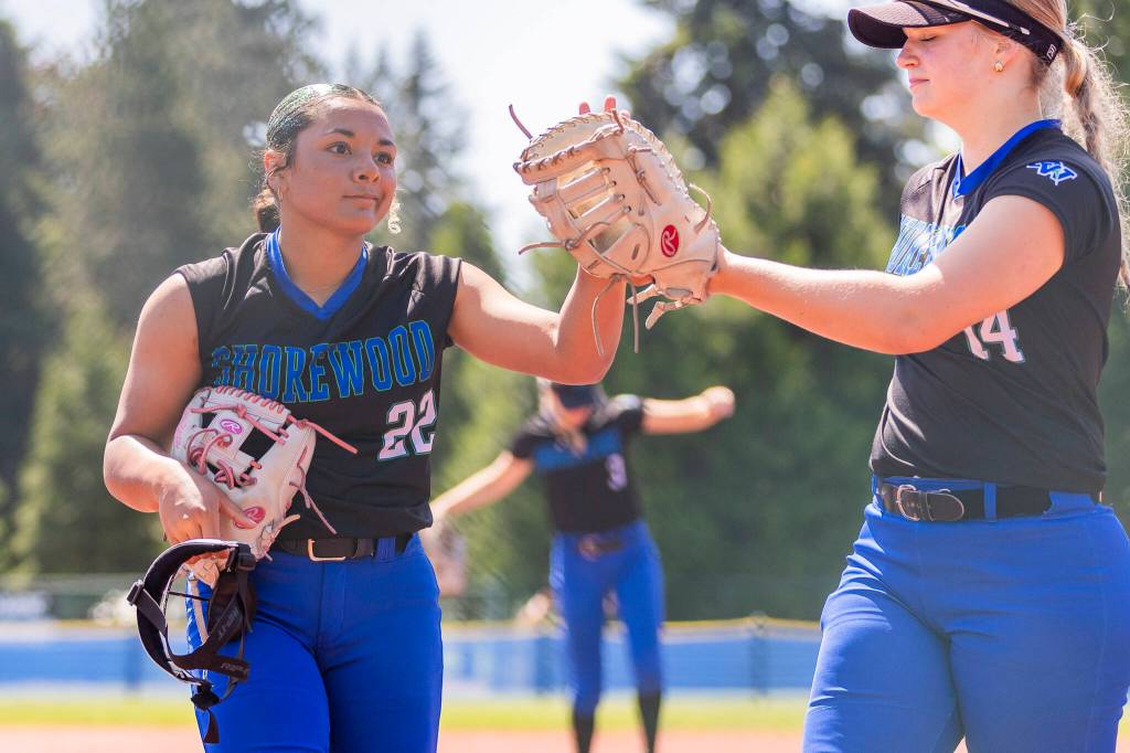 Shorewoods Zoey Perreault reacts after getting the last out of the inning during the 3A state opening round loser-out game against Sedro-Woolley on Friday, May 22, 2026 in Lacey, Washington. (Olivia Vanni / The Herald)