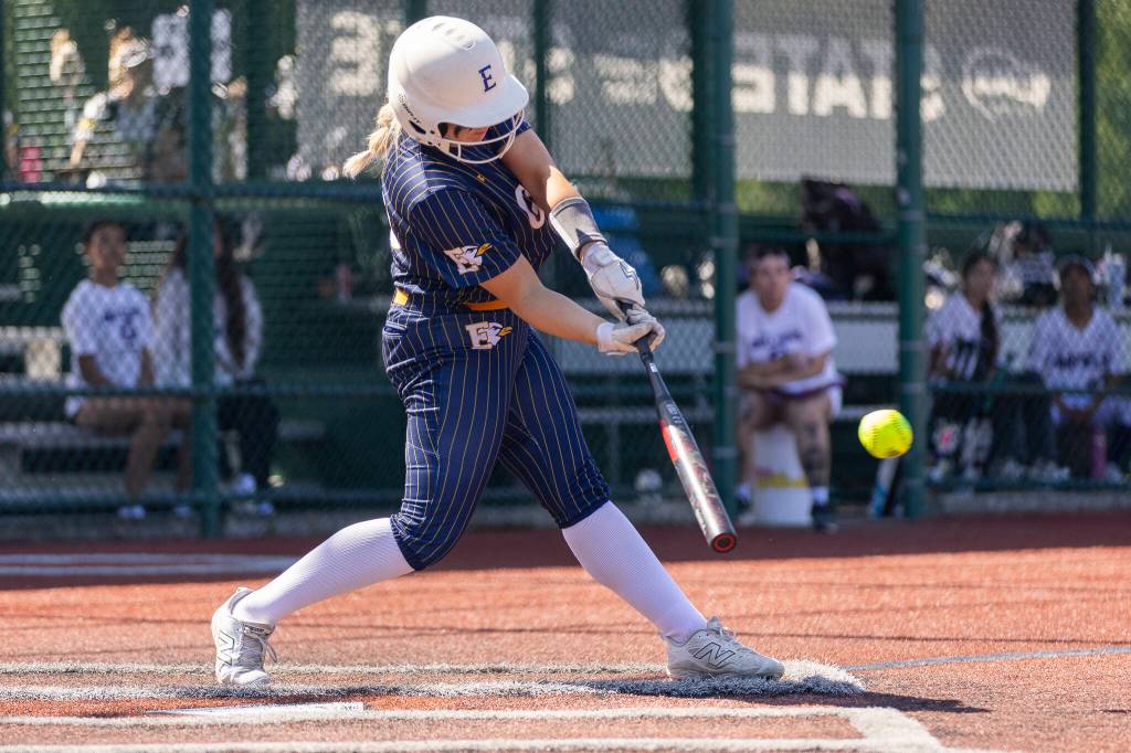 Everetts Haylie Oyler gets a hit during the 3A state opening round loser-out game against Garfield on Friday, May 22, 2026 in Lacey, Washington. (Olivia Vanni / The Herald)