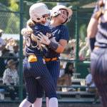 Everetts Mia Hoekendorf hugs teammate Haylie Oyler after scoring to tie up the game during the 3A state opening round loser-out game against Garfield on Friday, May 22, 2026 in Lacey, Washington. (Olivia Vanni / The Herald)