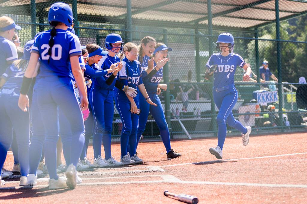 Sedro-Woolleys Veanna Lanphere scores after hitting a grand slam during the 3A state opening round loser-out game against Shorewood on Friday, May 22, 2026 in Lacey, Washington. (Olivia Vanni / The Herald)