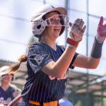 Everetts Presley Eshelman reacts after scoring during the 3A state opening round loser-out game against Garfield on Friday, May 22, 2026 in Lacey, Washington. (Olivia Vanni / The Herald)