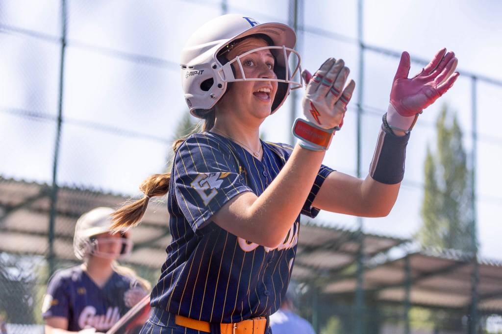 Everetts Presley Eshelman reacts after scoring during the 3A state opening round loser-out game against Garfield on Friday, May 22, 2026 in Lacey, Washington. (Olivia Vanni / The Herald)