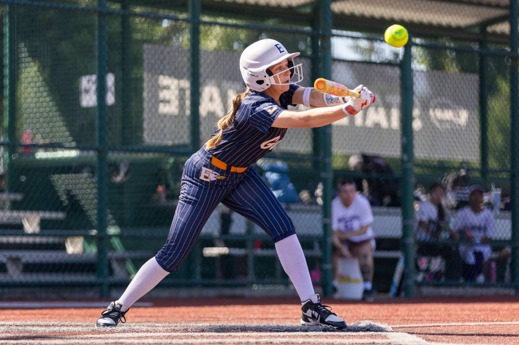 Everetts Presley Eshelman gets a hit during the 3A state opening round loser-out game against Garfield on Friday, May 22, 2026 in Lacey, Washington. (Olivia Vanni / The Herald)