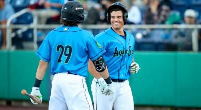 Luke Stevenson (right) of the Everett AquaSox drove in six runs in a 10-5 win over the Tri-City Dust Devils on Thursday, May 22, 2026 at Everett Memorial Stadium. (Photo courtesy of Evan Morud / Everett AquaSox)