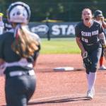 Stanwoods Addi Anderson reacts to a pick off at second base thrown by Stanwoods Jordan Rancourt during the 3A state quarterfinal game against Kennewick on Friday, May 22, 2026 in Lacey, Washington. (Olivia Vanni / The Herald)