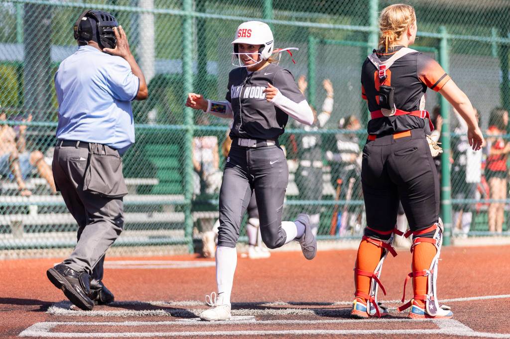 Stanwoods Jemma Lopez scores during the 3A state quarterfinal game against Kennewick on Friday, May 22, 2026 in Lacey, Washington. (Olivia Vanni / The Herald)