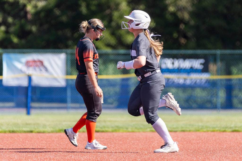 Stanwoods Jordan Rancourt runs the bases after hitting a home run during the 3A state quarterfinal game against Kennewick on Friday, May 22, 2026 in Lacey, Washington. (Olivia Vanni / The Herald)