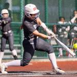 Stanwoods Jordan Rancourt hits a home run during the 3A state quarterfinal game against Kennewick on Friday, May 22, 2026 in Lacey, Washington. (Olivia Vanni / The Herald)