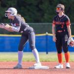Stanwoods Addi Anderson reacts after hitting a double during the 3A state quarterfinal game against Kennewick on Friday, May 22, 2026 in Lacey, Washington. (Olivia Vanni / The Herald)