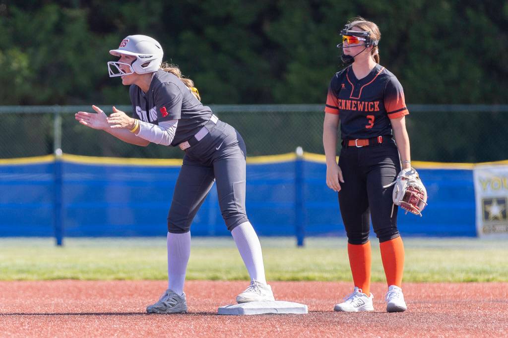 Stanwoods Addi Anderson reacts after hitting a double during the 3A state quarterfinal game against Kennewick on Friday, May 22, 2026 in Lacey, Washington. (Olivia Vanni / The Herald)