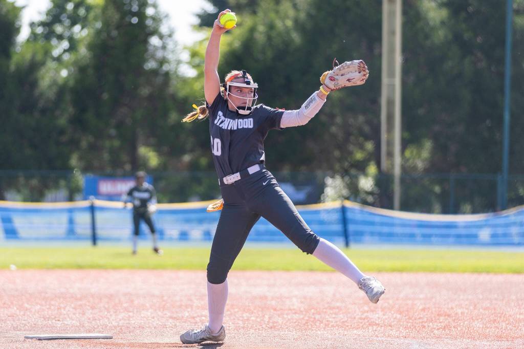 Stanwoods Addi Anderson pitches during the 3A state quarterfinal game against Kennewick on Friday, May 22, 2026 in Lacey, Washington. (Olivia Vanni / The Herald)