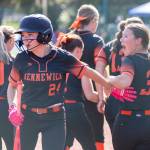 Kennewick players react to a foul ball call by the home plate umpire during the 3A state quarterfinal game against Kennewick on Friday, May 22, 2026 in Lacey, Washington. (Olivia Vanni / The Herald)