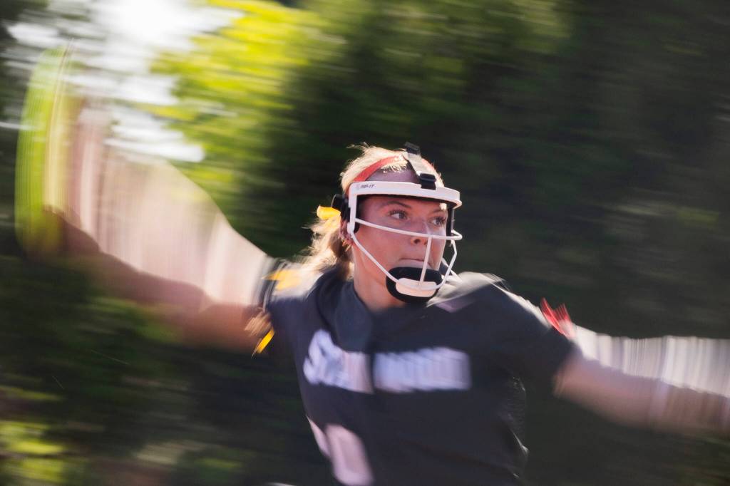 Stanwoods Addi Anderson pitches during the 3A state quarterfinal game against Kennewick on Friday, May 22, 2026 in Lacey, Washington. (Olivia Vanni / The Herald)