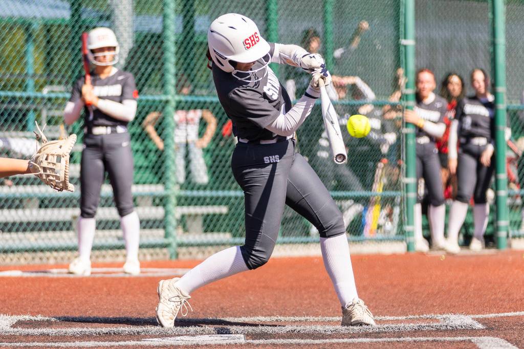 Stanwoods Taylor Almanza gets a hit during the 3A state quarterfinal game against Kennewick on Friday, May 22, 2026 in Lacey, Washington. (Olivia Vanni / The Herald)