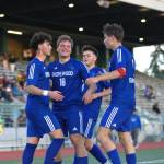 Shorewoods Caleb Butler celebrates his goal with his teammates during a state round of 16 game against Mountain View on Friday, May 22, 2026 at Edmonds School District Stadium in Edmonds. (Qasim Ali / The Herald)