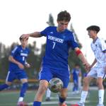 Shorewoods Daniel Bruno works to control the ball during a state round of 16 game against Mountain View on Friday, May 22, 2026 at Edmonds School District Stadium in Edmonds. (Qasim Ali / The Herald)
