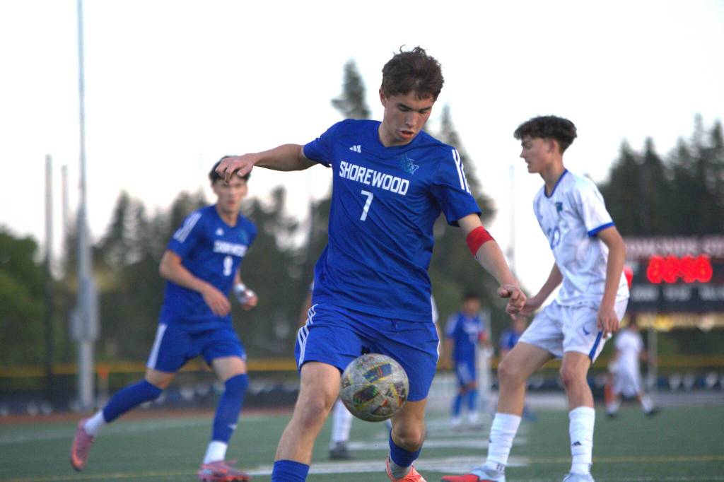 Shorewoods Daniel Bruno works to control the ball during a state round of 16 game against Mountain View on Friday, May 22, 2026 at Edmonds School District Stadium in Edmonds. (Qasim Ali / The Herald)