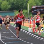 Jeshua Singletary of Kings competes in the 1,600-meter relay at the 2026 1A District 1-2 Championships at Granite Falls High School. (Photo courtesy of Donna Beard)