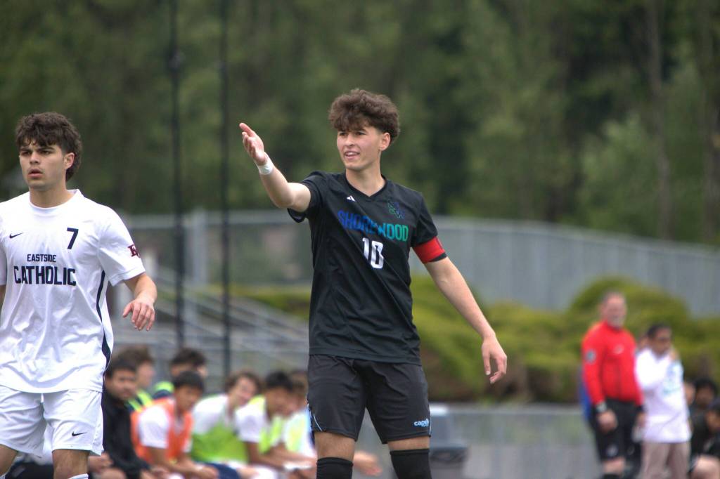 Shorewoods Nikola Genadiev points to the sideline during the first half of a state quarterfinal game against Eastside Catholic on Saturday, May 23, 2026 at Shoreline Stadium in Shoreline. (Qasim Ali / The Herald)