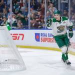 Silvertips forward Zackary Shantz celebrates after scoring in the second period of Everetts 5-3 win against the Chicoutimi Saguenéens in the Memorial Cup round-robin at Prospera Place on May 23, 2026. (Photo courtesy Steve Dunsmoor / CHL)