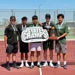 The Jackson boys tennis team (pictured left to right: Ashton Bergman, Arhan Sinha, Sam Song, Andy Stark, David Song) poses with their 4A state title trophy and medals on Saturday, May 23, 2026 in Kennewick, Washington. (Courtesy of Katie Stark)