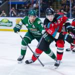 Silvertips forward Carter Bear battles Rockets forward Carson Wetsch for the puck during Everetts 4-0 win against Kelowna in the Memorial Cup round-robin at Prospera Place on May 27, 2026. (Photo courtesy Steve Dunsmoor / CHL)