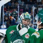 Silvertips goalie Anders Miller talks with defenseman Kayd Ruedig after completing a 28-save shutout in Everetts 4-0 win against Kelowna in the Memorial Cup round-robin at Prospera Place on May 27, 2026. (Photo courtesy Steve Dunsmoor / CHL)