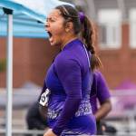Lake Stevens Keira Isabelle Tupua reacts after winning the 4A shot put final during the WIAA State Track & Field Championships on Friday, May 29, 2026 in Tacoma, Washington. (Olivia Vanni / The Herald)