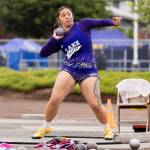 Lake Stevens Keira Isabelle Tupua throws in the 4A shot put final during the WIAA State Track & Field Championships on Friday, May 29, 2026 in Tacoma, Washington. (Olivia Vanni / The Herald)